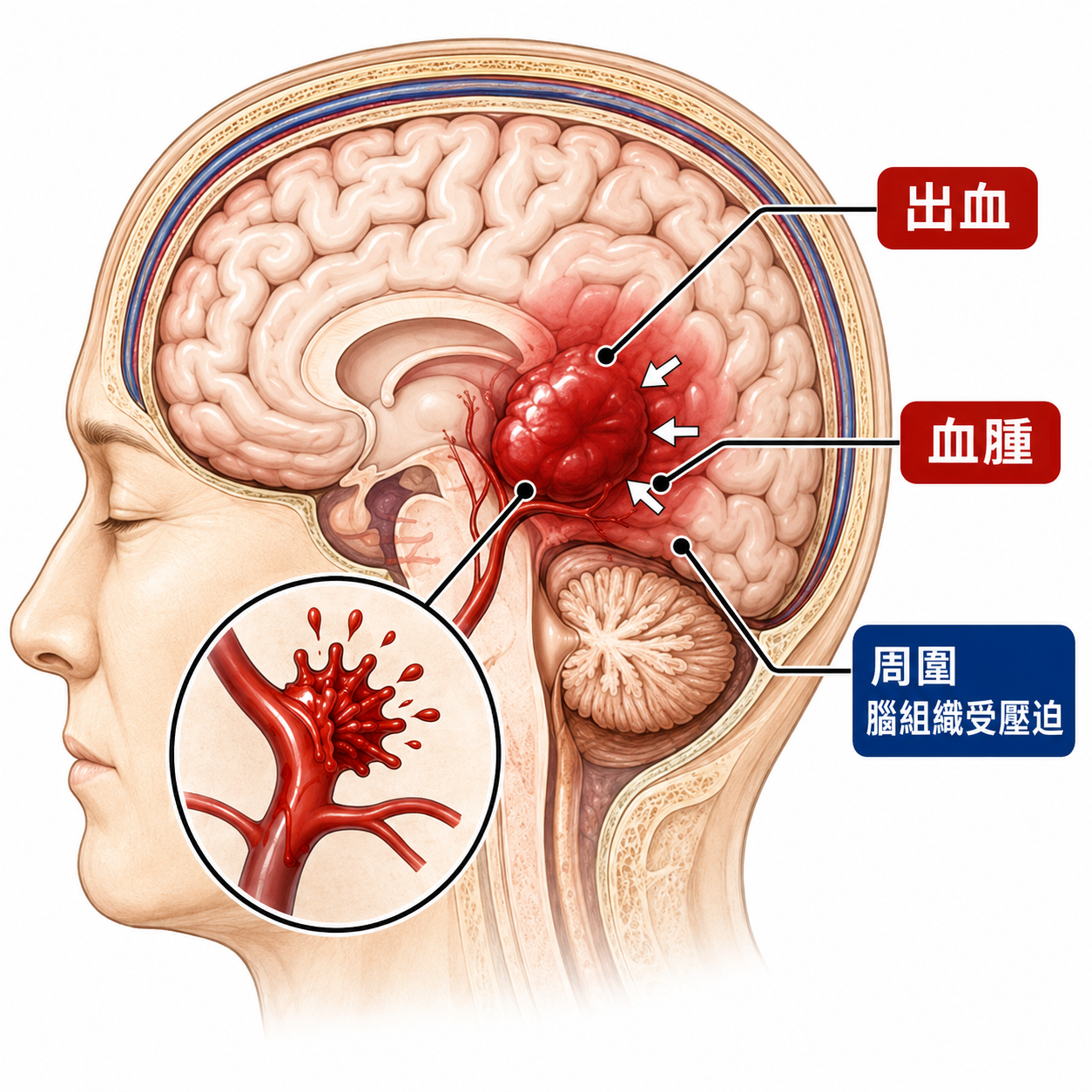 自發性腦出血 ICH 電腦斷層影像示意