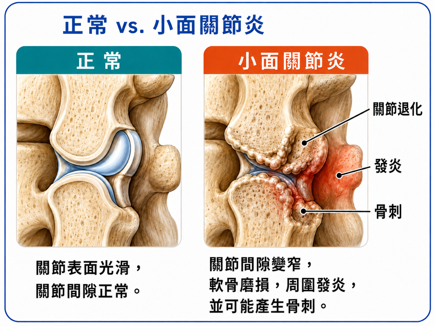 正常小面關節與小面關節炎比較