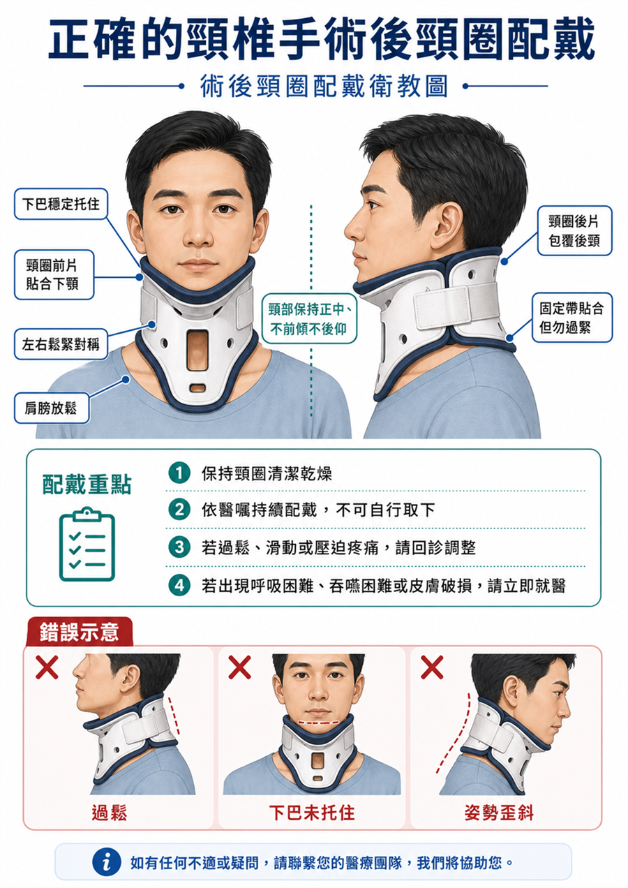 頸椎手術後頸圈正確配戴示意圖
