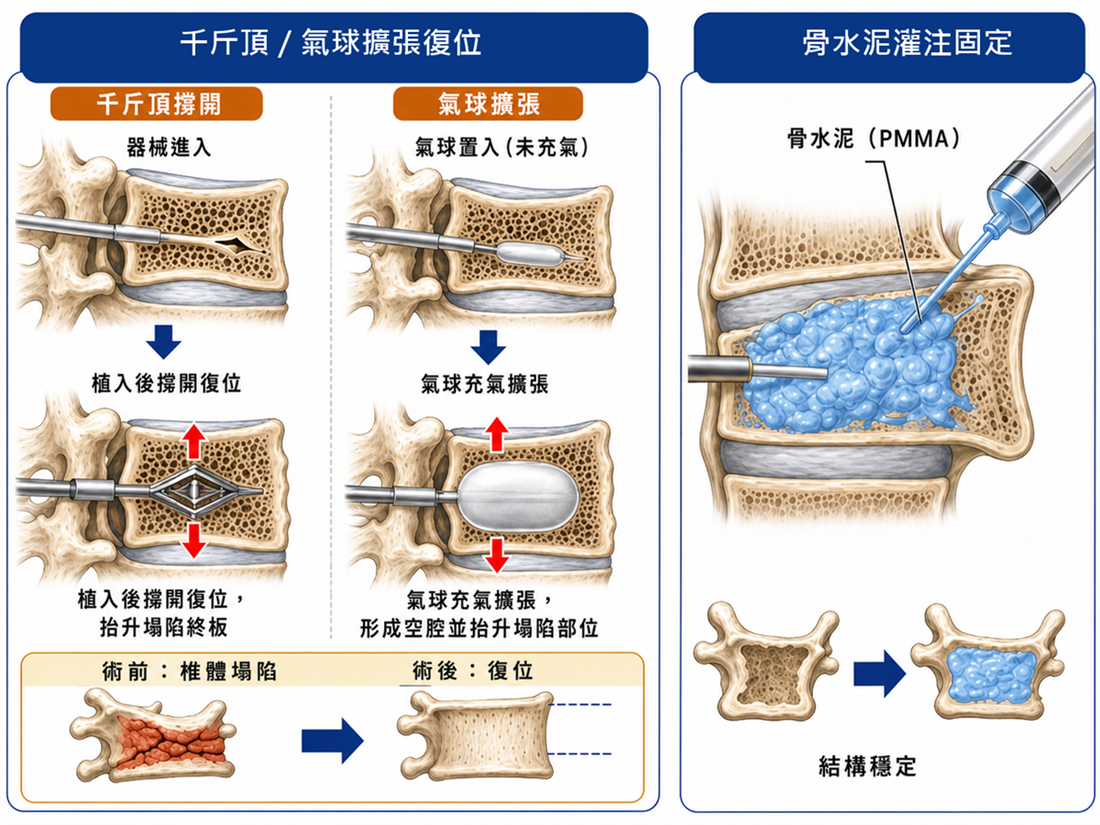 脊椎壓迫性骨折治療示意圖