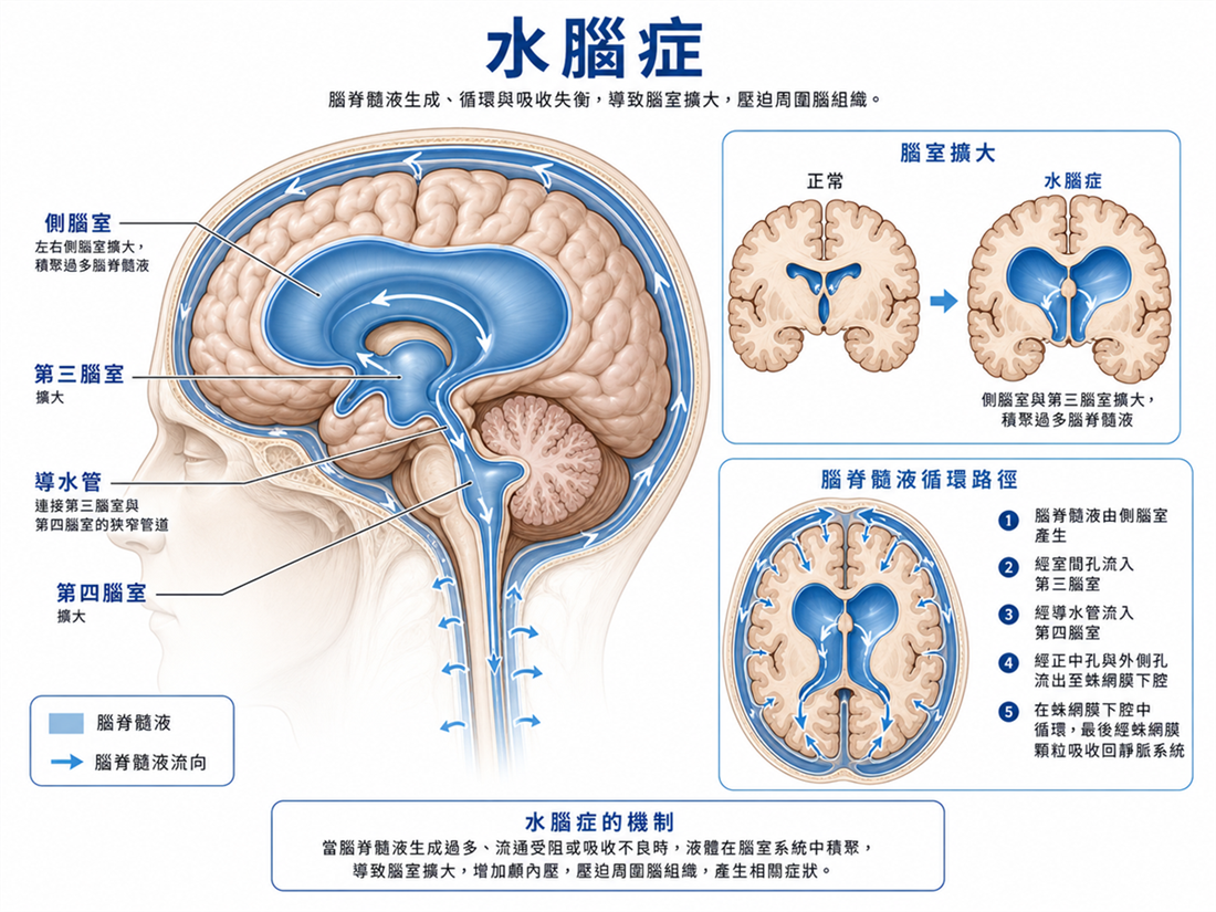 水腦症腦室擴大與腦脊髓液堆積解剖示意圖