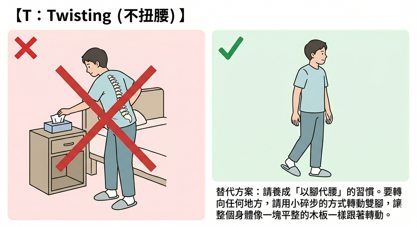 Twisting 不扭腰衛教圖，示範避免扭腰並以小碎步轉身。