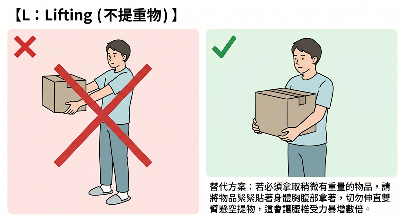 Lifting 不提重物衛教圖，示範避免懸空提物並將物品貼近身體。