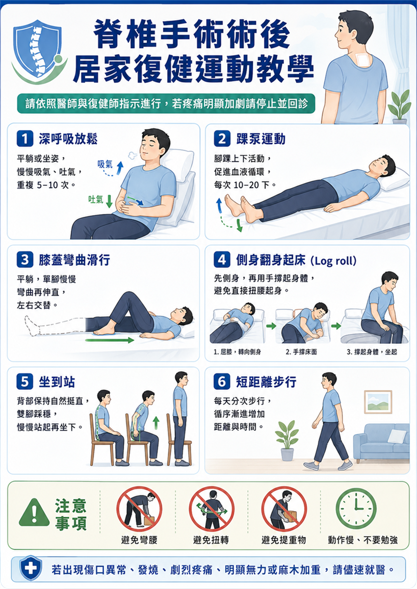 術後核心與下肢復健運動指南，包含足踝幫浦、臀部夾緊與溫和腹部收縮。